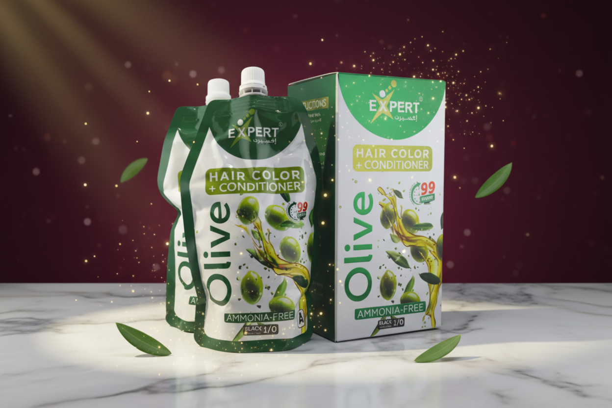 EXPERT Olive Hair Color + Conditioner. Infused with olive extract, this formula adds shine and softness while coloring your hair. The ammonia-free formula is gentle on the scalp and leaves hair smooth, conditioned 500ml+500ml