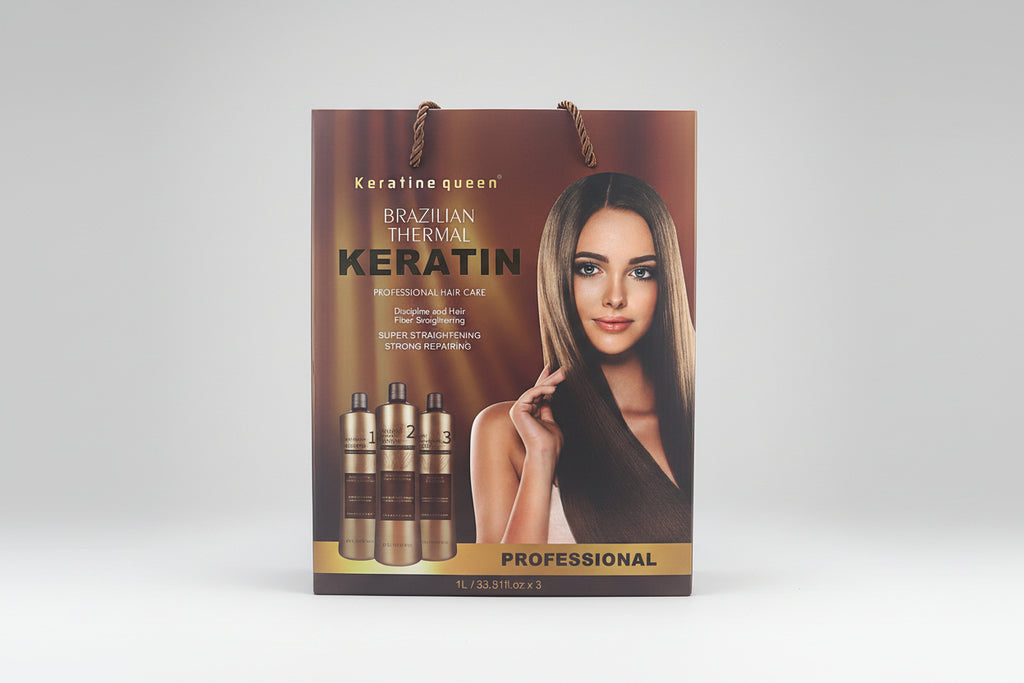 Keratine Queen Brazilian Thermal Keratin – Professional 3-Step Hair Straightening & Repair Set (3 x 1L)