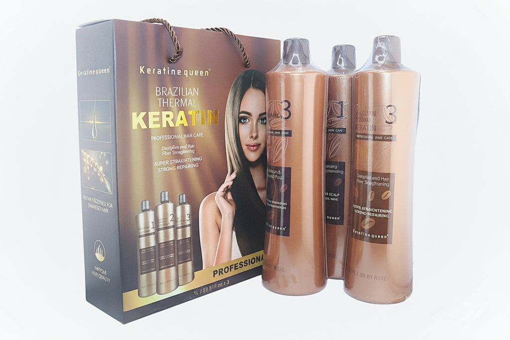 Keratine Queen Brazilian Thermal Keratin – Professional 3-Step Hair Straightening & Repair Set (3 x 1L)