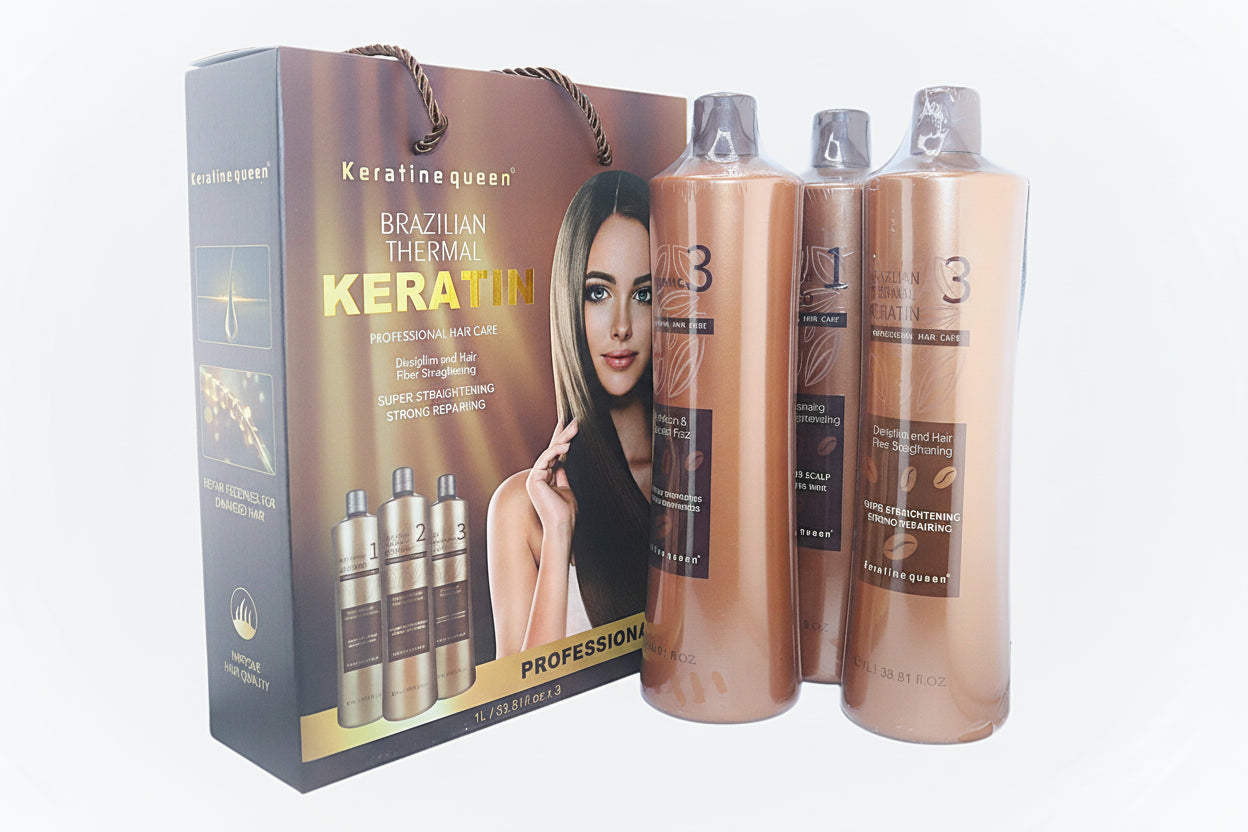 Keratine Queen Brazilian Thermal Keratin – Professional 3-Step Hair Straightening & Repair Set (3 x 1L)