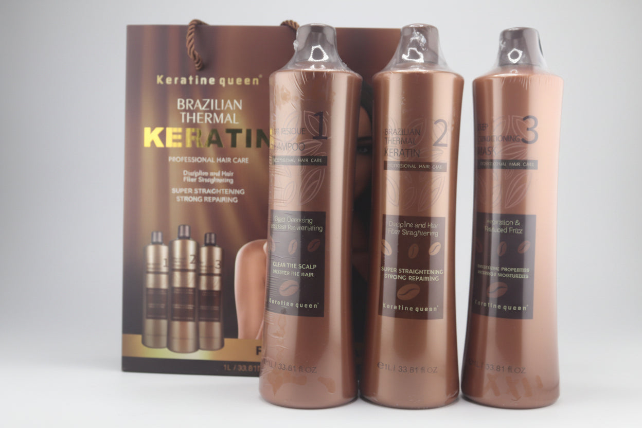Keratine Queen Brazilian Thermal Keratin – Professional 3-Step Hair Straightening & Repair Set (3 x 1L)