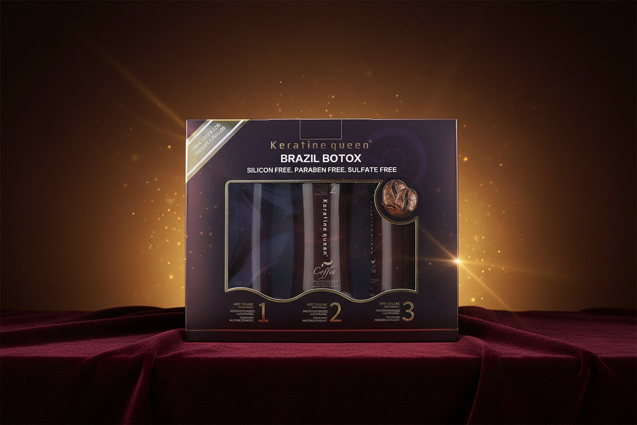 Keratine Queen Brazilian Hair Treatment Kit, Coffee, Silicon Free, Paraben Free, Sulfate Free, Anti-Volume Treatment, Natural Straightening, For All Hair Types