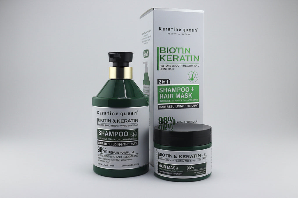 Keratine Queen Biotin & Keratin 2-in-1 Hair Rebuilding Therapy Set, Shampoo and Hair Mask, 98% Repair Formula, Intensive Repair for Damaged Hair, Sulfate Free, 600ml+300ml