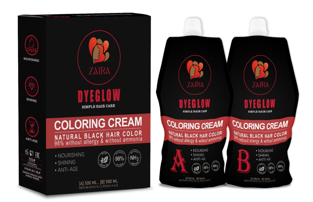 ZAIRA DYEGLOW Natural Black Hair Coloring Cream Kit (A + B) – Ammonia-Free Permanent Hair Color with Argan Oil | Rich Black, Long-Lasting Grey Coverage | Nourishing & Shiny Finish | 500ml + 500ml