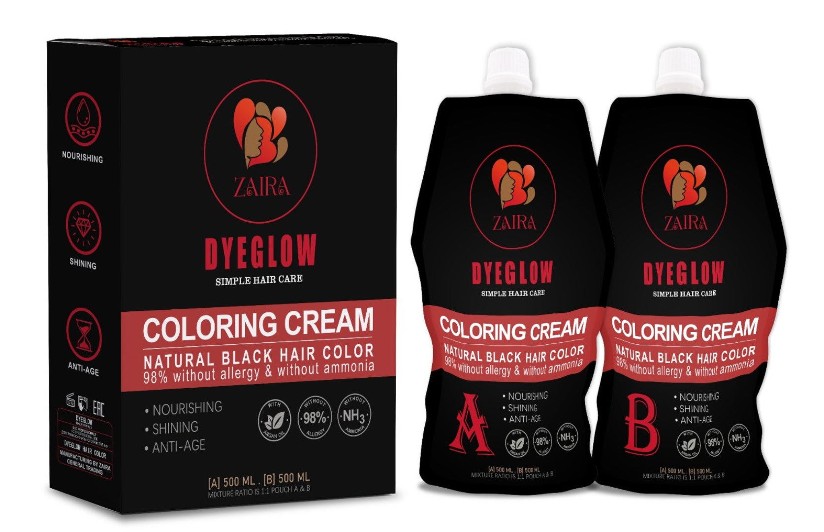 ZAIRA DYEGLOW Natural Black Hair Coloring Cream Kit (A + B) – Ammonia-Free Permanent Hair Color with Argan Oil | Rich Black, Long-Lasting Grey Coverage | Nourishing & Shiny Finish | 500ml + 500ml
